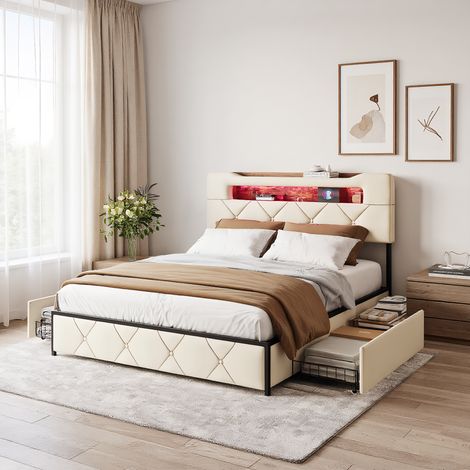 Polsterbett 140x200 cm, Doppelbett mit LED-Beleuchtung und USB-Ladestation, Modernes Jugendbett mit Stauraum, Bettgestell mit Kopfteil und Lattenrost, Velour Beige, Ohne Matratze