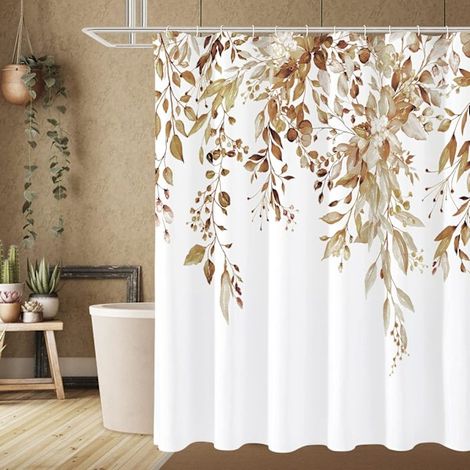 Rideau de douche en eucalyptus brun, ensemble rideau de salle de bain à motif de feuilles de plantes aquarelle avec crochets, rideau de bain en tissu imperméable 180x180cm AN13 (1/4)