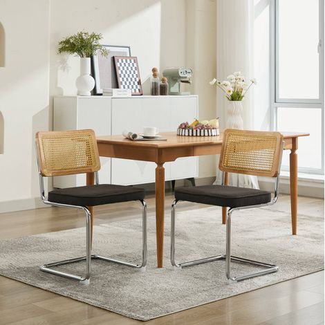 Sedie da pranzo set da 2, schienale in rattan, base cromata, nere DESVIAE (1/5)