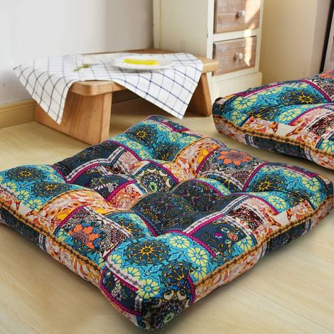 Cojín de suelo cuadrado turquesa para meditación, diseño de mandala, estilo bohemio, de lino y algodón, para yoga, sala de estar, balcón, sala de juegos infantil, fiesta, decoración al aire libre, 50,