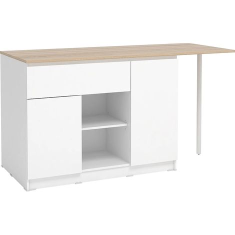 Ilot central de cuisine avec 2 portes, 1 tiroir et 2 niches - Blanc et naturel - TUNORI (1/5)