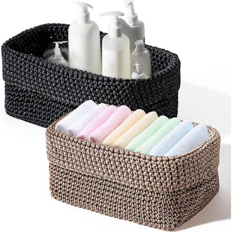 Petit Panier Rangement, Panier Salle de Bain, Petit Panier, Paniers Tressé Empilable pour Rangement Cosmétique Chambre Table à Langer(Marron + Noir, 2 Pièces) (1/5)