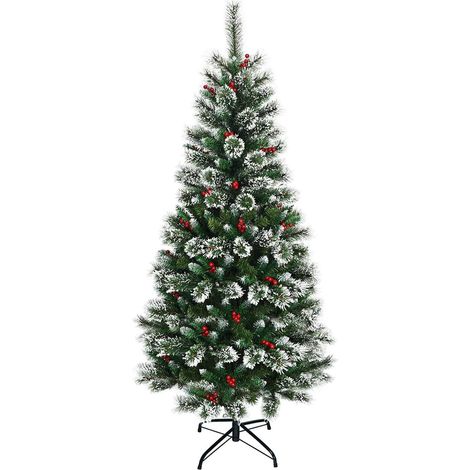 COSTWAY Árbol de Navidad Artificial 180cm con Soporte de Metal, Agujas de PVC, con Decoración de Frutos Rojos y Nieve (1/5)