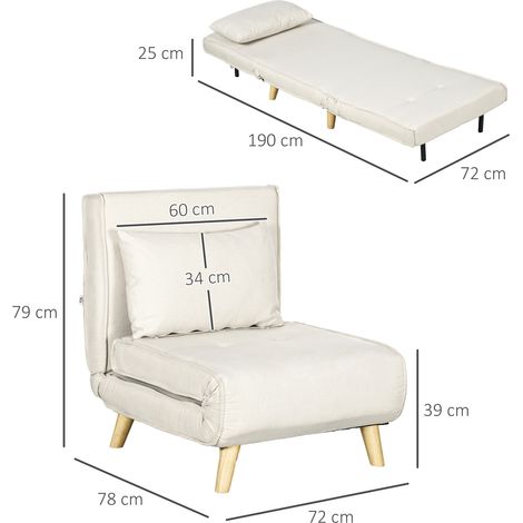 Fauteuil convertible, dossier réglable 6 positions, aspect lin, jusqu'à 120 kg, crème (1/5)