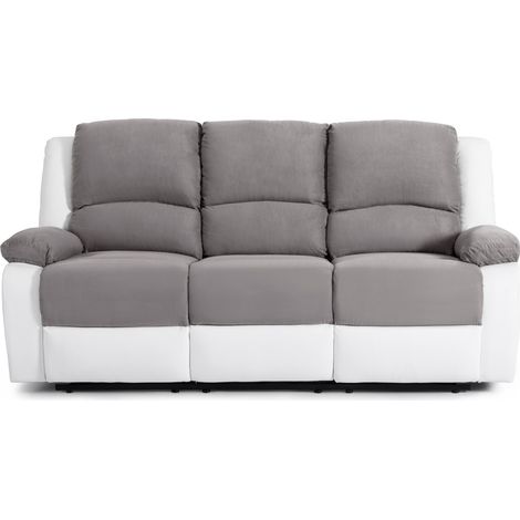 Loungitude – Canapé relax 3 places microfibre et simili – Inclinaison jusqu'à 170° – Repose-pieds relevable – Confort optimal – Blanc et gris