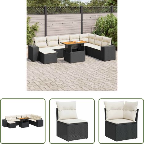 vidaXL Canapé extérieur - Salon de jardin avec coussins 9 pcs noir résine tressée acacia (1/5)
