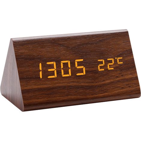 Horloge en bois LED, thermomètre, horloge électronique, réveil étudiant créatif en bois, horloge numérique triangulaire en bois brun (1/2)