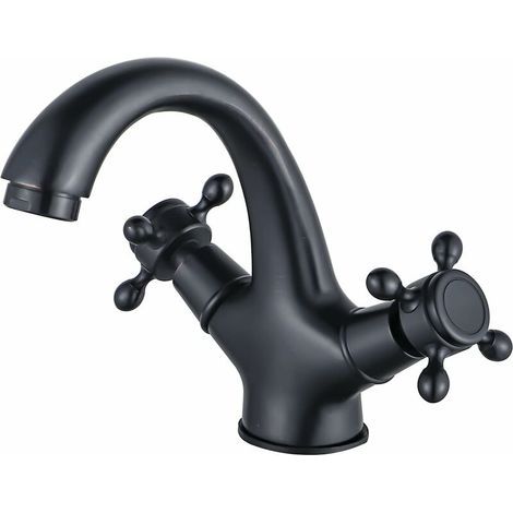 Retro-Badezimmerarmatur in Schwarz, Waschtischarmatur mit zwei Griffen in Antikmessing, Badezimmerarmatur im Landhausstil mit gebürsteter Oberfläche. (1/5)
