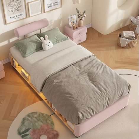 Kinderbett 90x200 cm Rosa aus Samt mit LED-Seitenregal und offenem Stauraum (1/5)