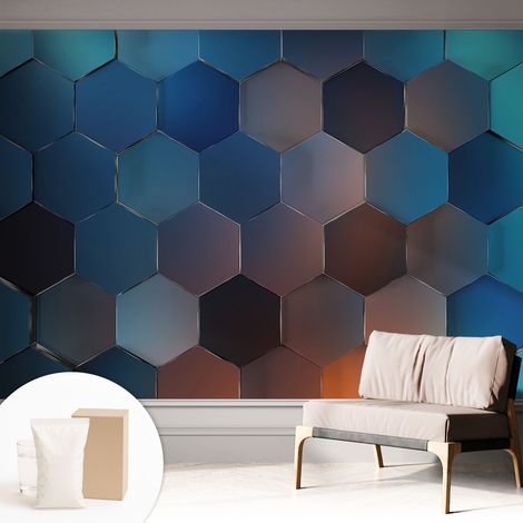 Papier peint intissé mural avec imprimé pour décoration pour salon pour chambre à coucher pour entrée Hexagones bleus 312x219 cm (1/5)