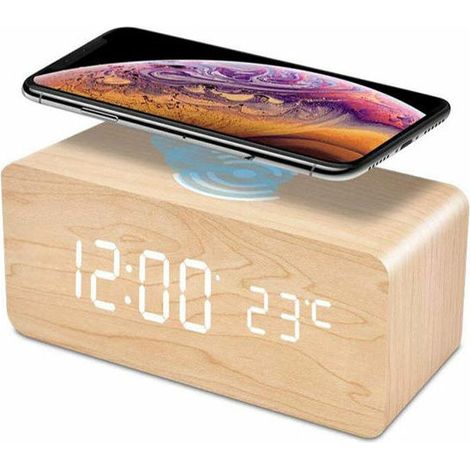 Réveil Numérique, Horloge en bois rechargeable sans fil,Alarm Réveil LED avec TempératureSnooze pour Enfant,Maison,Couleur du bois de bambou (1/5)