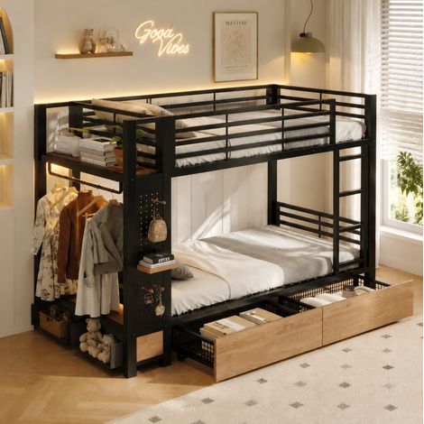 Etagenbett, 90 x 200 cm,Eisenrahmen,4 Schubladen,mehrere Ablageflächen,mit LED-Lichtleiste,Lochwand,mit Kleiderstange,Stauraum,Matratze nicht im Lieferumfang enthalten,Schwarz,W3896S00003 (1/5)