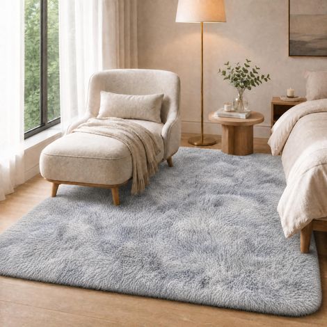 Tapis de Salon Shaggy Tapis Chambre Moderne à Poils Longs et Moelleux, Grand Doux Tapis de Sol Pelucheux Dessous Antidérapant, Gris Clair Chiné, 120x170cm (1/5)
