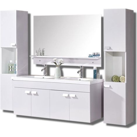 Ensemble de meubles de salle de bain 120 cm avec 2 lavabos en céramique – Miroir 110 x 60 cm – 4 portes et 2 colonnes – MDF blanc – Eliteshopping (1/5)