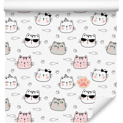 Carta da parati Gatti, bianca, grigio chiaro, corallo e grigia, 50x1000 cm (1/5)