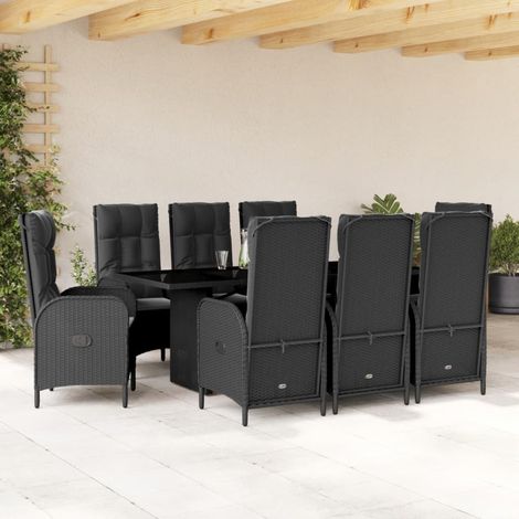 Salon de jardin 9 pièces en résine tressée noir, table et 8 fauteuils inclinables avec coussins - PANGIVO (1/5)
