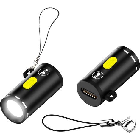 Lot de 2 mini lampes de poche USB C sans batterie 5 V 1 W Alliage d'aluminium Coque avec cordon porte clés Pour camping en plein air (1/5)