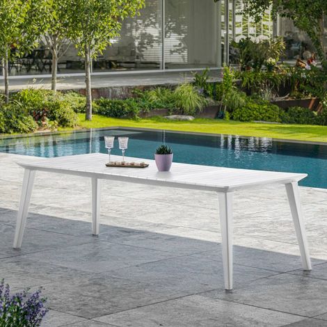 Dmora - Mesa de jardín Camrose, Base de picnic, Mesa de comedor de jardín, Banco multiusos para exterior, 235x98 h74 cm, Blanco (1/4)