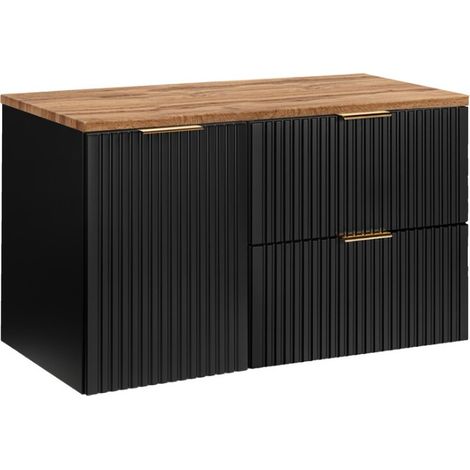 Mobile sottolavabo NOXERA 100 cm – Nero opaco & rovere – 2 cassetti + cestino + piano per lavabo