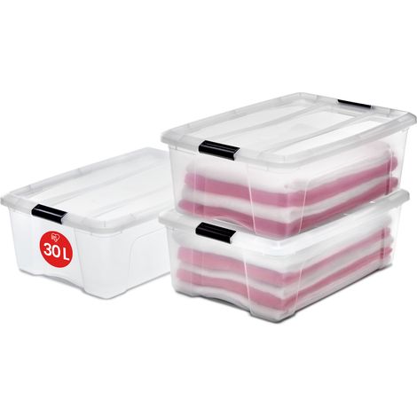 Iris Ohyama Scatole Portaoggetti in con Coperchio, 30L, Lotto di 3, Trasparente, Clip di Bloccaggio, Empilabile, Maniglia, Per Camera, Armadio, Ufficio, Organizzatore, Senza BPA, NTB-30 (1/5)