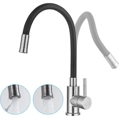 Robinet de Cuisine avec 2 types de jet d'eau, robinet de cuisine noir avec bec flexible, rotatif à 360°, robinet d'évier en acier inoxydable brossé et tuyau en silicone,Brossée (1/5)