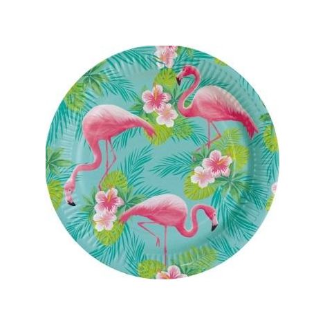 Assiettes ovales en carton flamants roses 23 cm, lot de 8