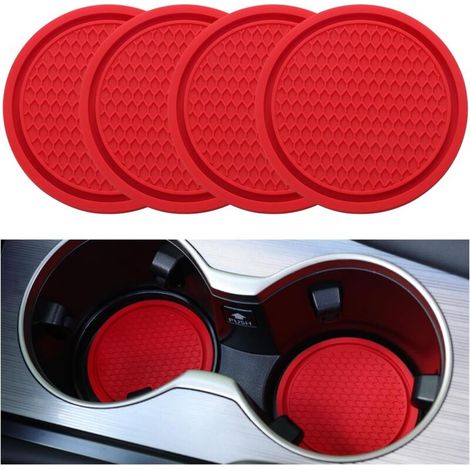 Dessous de verre universel antidérapant pour voiture (lot de 4), intégré dans un sous-verre décoratif, accessoires intérieurs de voiture, rouge (1/5)