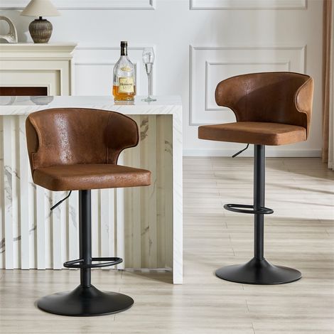 Lot de 2 Tabourets de Bar 49,7x45cm Chaises Hautes de Cuisine Réglables et Pivotantes en Tissu avec Dossier et Repose-pieds - Marron (1/5)
