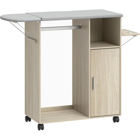 Meuble à Repasser avec Planche Pliable Station Table à Repasser Rangements Roulettes Bois Naturel 127x42,5x99 cm (1/5)