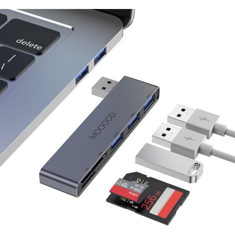 Hub USB 5 en 1 5Gbps, 1xUSB3.0 2xUSB2.0, SD/TF, Alu, Gris Droite 5Gbps Transfert, 3 Ports USB, Lecteur SD/TF, Puce OTG, Pour PC/Mac/PS5/Xbox, Bureau/Voyage, Compact, Sans Pilote (1/5)