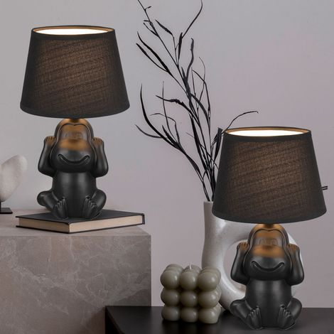Nachttischleuchte Affe Tischlampe Keramik schwarz Beistellleuchte Affe Stoffschirm, Schnurschalter, 1x E14 Fassung, DxH 17x27 cm, 2er Set