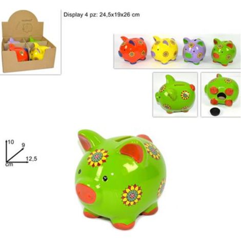 Trade Shop - Salvadanaio Maialino Colorato 10cm In Ceramica Monete Porta Soldi -