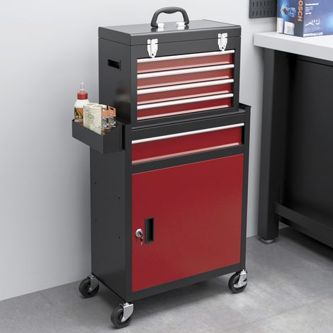 Carro de herramientas con 5 cajones y ruedas, caja de herramientas extraíble, armario de acero con cerradura, color rojo.