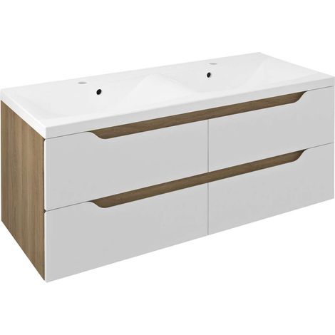 Sapho Wave - Doppelwaschtischunterschrank 120x50x48 cm, 4 Schubladen, weiß/Eiche Cuneo WA120-3025 (1/2)