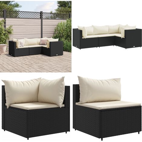 4-tlg. Garten-Lounge-Set mit Kissen Schwarz Poly Rattan - Gartensessel - Rattanmöbel