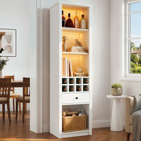 Vitrina/librería de 55x40x200 cm con iluminación LED y puertos USB, 12 estantes y 1 cajón, mueble de almacenamiento de MDF blanco mate. (1/5)
