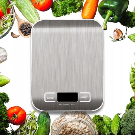 Báscula de cocina electrónica de precisión de hasta 10 kg, color plata, pantalla LCD + pilas incluidas.