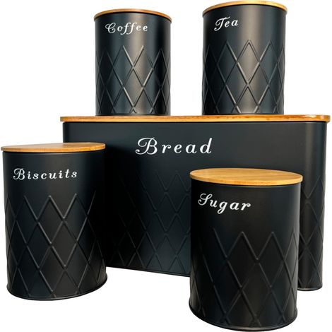 Oypla 5pc Black Bamboo Lid Kitchen Canister Storage Tin Set Bread Biscuits Tea Sugar Coffee (1/5)