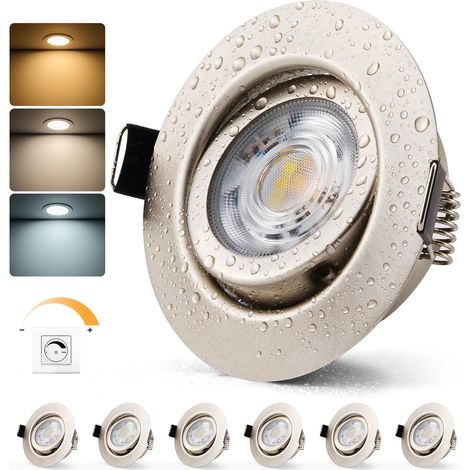 Spot LED Encastrable Dimmable 7W avec Finition Nickel, Salle de Bain IP44, Trou 68mm, Blanc Chaud Neutre Froid, Spot Encastré pour Salon Cuisine Chambre, Lot de 6 (1/5)