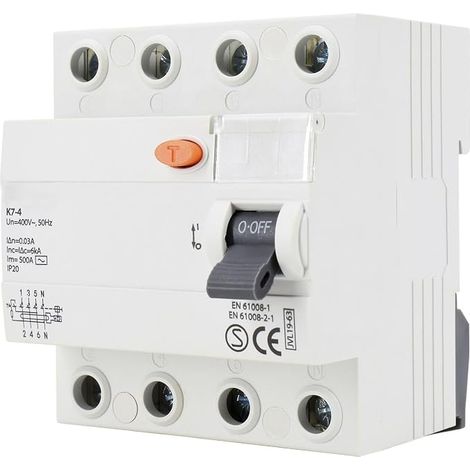 Interruptor diferencial AC de 4 polos 40 A 30 mA, protección contra sobrecargas y cortocircuitos, ideal para instalaciones eléctricas residenciales y comerciales. (1/2)