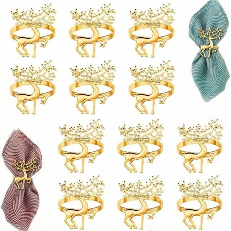 12 pièces ronds de serviette Noël dont 6 rennes dorés, pour décoration table fête, mariage et Thanksgiving (1/5)