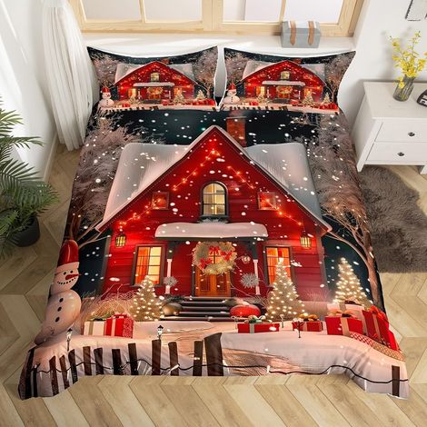 Enfants Noël Literie Set Bonne Année Housse de Couette Réveillon de Noël Parure de Lit Bonhomme de Neige Thème d'hiver Couvre Lit Garçons Filles Enfants Décorations de Noël Literie 220x240 - 220x240cm (1/5)
