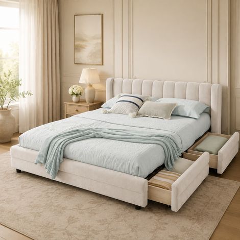 Doppelbett 140x200 cm Chenille Beige 4 Schubladen USB platzsparend ohne Matratze – MEUBLIV (1/5)