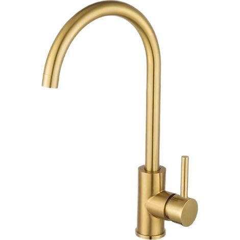 Gold-plated stainless steel kitchen sink tap with mixer spout for hot and cold water and large knob. (1/5)