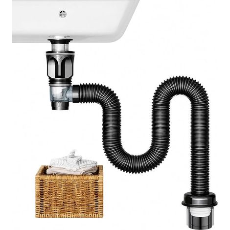 Siphon pour Lavabo avec Tuyau de Vidange Flexible, Kit de Bonde Lavabo Salle de Bain Anti-Fuite, Vidange d'Évier Universelle avec Tuyau d'Évacuation Rétractable 18-80cm, pour Cuisine Toilette (1/5)