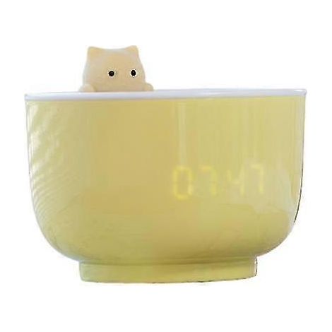 Réveil numérique USB en forme de tasse à thé avec chat, en ABS, avec veilleuse LED et éclairage LED, pour bureau, jaune. (1/5)