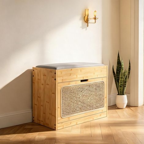 Banc de rangement en bambou avec coussin et étagères réglables (1/5)