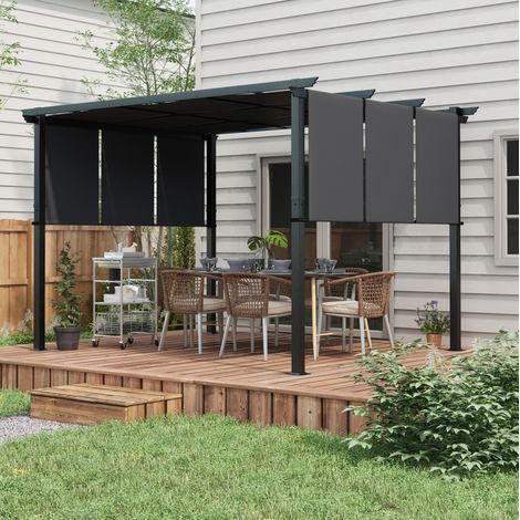 Pergola 357x296x235 cm con 3 tettoie retrattili, struttura in acciaio, per giardino e terrazzo, grigio scuro (1/5)