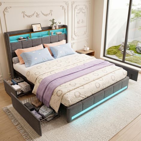 Lit Double 140x190 cm en Lin Gris avec 4 Tiroirs - LED et 2 Ports USB Intégrés - Sommier à Lattes Inclus, Design Moderne