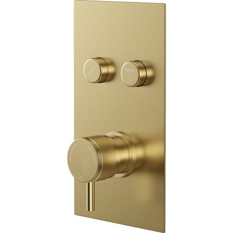 Colore Round Brushed Brass Concealed Push Button Shower Valve with Half Knurled Control Handle - 2 Outlet (1/5)